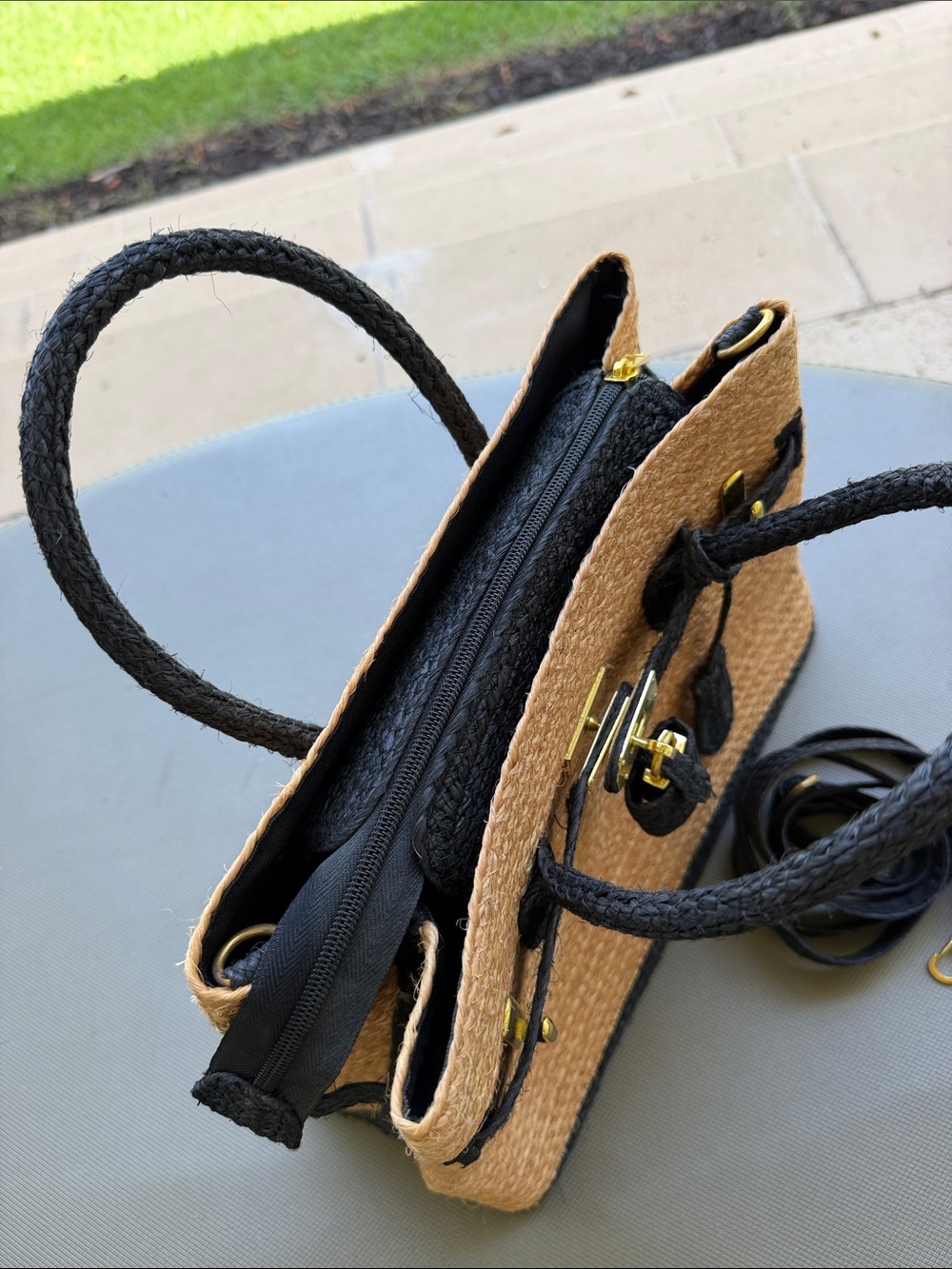 Woven Straw Birkin Style Purse with Navy Trim/Accents and Gold tone hardware. - Picture 10 of 10